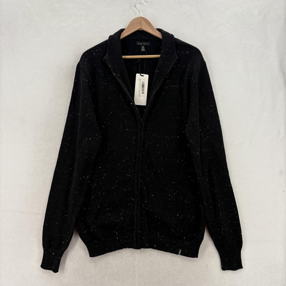 Silver Jeans Co Full Zip Sweater Mens M Heather Black Speckled Knit Collared NWT
